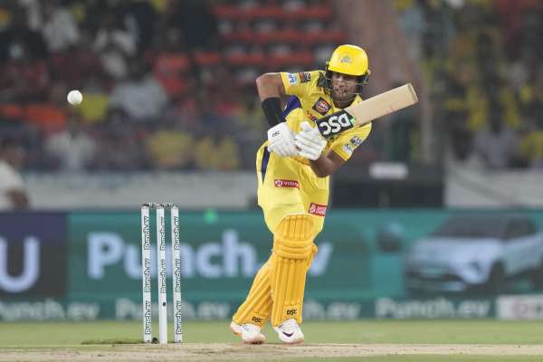 FILE PHOTO: Chennai Super Kings’ Rachin Ravindra plays a shot during the Indian Premier League cricket match between Sunrisers Hyderabad and Chennai Super Kings in Hyderabad