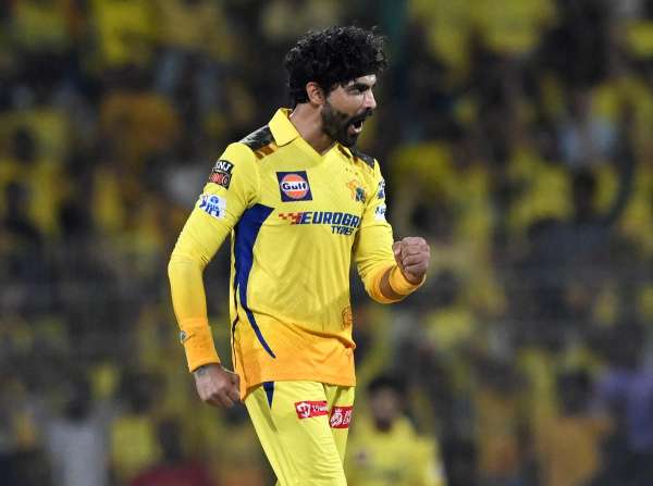 FILE PHOTO: CSK player Ravindra Jadeja celebrating after taking the wicket of Sunil Narine during the IPL match between CSK vs KKR  in Chennai on Monday.