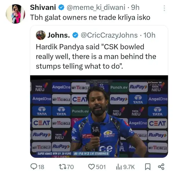 IPL 2024: MI Fans Are Slamming Hardik Pandya For Praising Dhoni After The Defeat