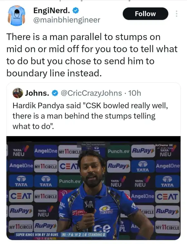 IPL 2024: MI Fans Are Slamming Hardik Pandya For Praising Dhoni After The Defeat