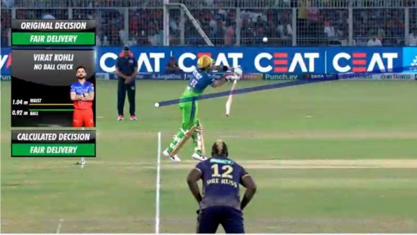 The third umpire saw that the ball was dipping towards the wicket and Kohli was playing outside the crease. Therefore the ball was no-balled.