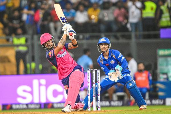Riyan Parag in action against Mumbai Indians. Riyan Parag in action against Mumbai Indians.