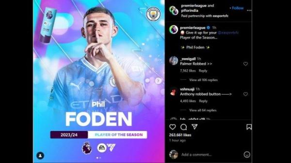 Gelandang Manchester City, Phil Foden, secara resmi dinobatkan sebagai pemain terbaik Liga Inggris musim 2023/2024.