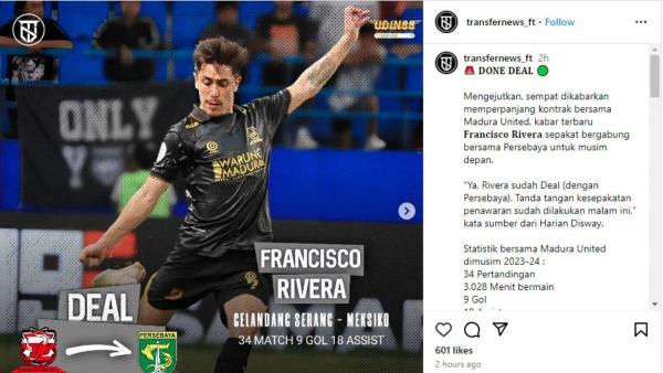 Rumor condongnya sosok kreator serangan Madura United, Francisco Rivera ke Persebaya Surabaya setelah sempat santer dikabarkan diminati Arema FC, Selasa, 21 Mei 2024.
