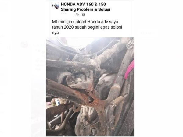 Kondisi rangka Honda ADV 150 tahun 2020 berkarat dan patah pada sisi sebelah kiri.