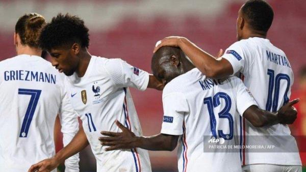 Gelandang Prancis N'Golo Kante merayakan gol. Nama Kante kembali masuk skuad Prancis untuk Euro 2024 setelah terakhir bergabung pada Juni 2022 lalu.