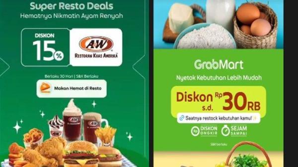 Kode promo Grab Indonesia yang menawarkan diskon terbaru selama bulan Juni, Senin(3/6/2024). Ada diskon untuk pembelian ayam AW di grabfood 15 persen