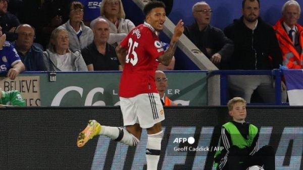Jadon Sancho merayakan gol di Liga Inggris antara Leicester City vs Manchester United di King Power Stadium di Leicester, Inggris tengah pada 1 September 2022.