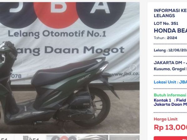 Informasi lelang motor murah Honda BeAT 2024 Rp 13 juta.