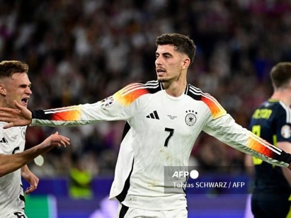Kai Havertz merayakan gol Timnas Jerman ke gawang Skotlandia pada matchday 1 Grup A EURO 2024 di Stadion Allianz Arena, Jumat (14/6/2024).