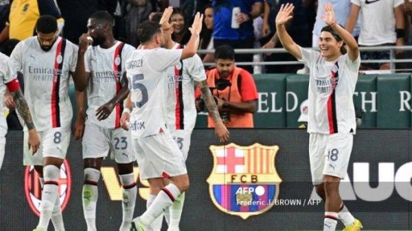 Luka Romero merayakan gol di pertandingan persahabatan Real Madrid vs AC Milan di Rose Bowl di Pasadena, California, pada 23 Juli 2023.