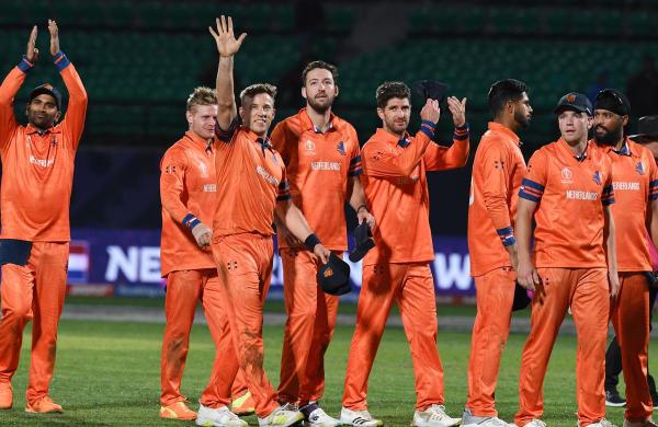 Netherlands players celebrate after beating South Africa at the 2023 ODI World Cup.