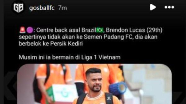 Santer bergabung ke Semen Padang, sosok bek asing asal Brasil yakni Brendon Lucas justru terindikasi berbelok arah dan bergabung ke Persik Kediri di Liga 1 2024 mendatang.
