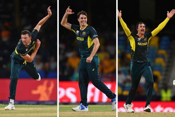 From left to right: Australian pace trio of Josh Hazlewood, Pat Cummins and Mitchell Starc.