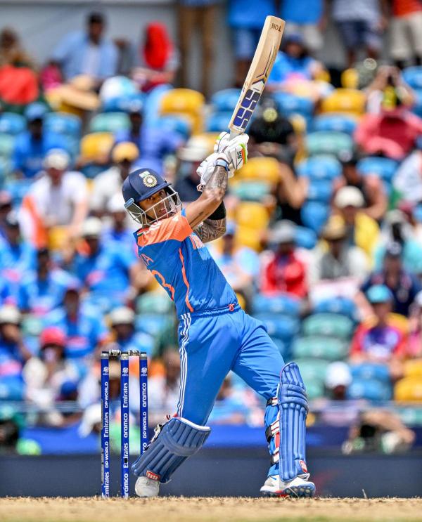 Suryakumar Yadav plays a shot during the Super 8 match between India and Afghanistan in the ongoing T20 World Cup in Bridgetown, Barbados on Thursday.