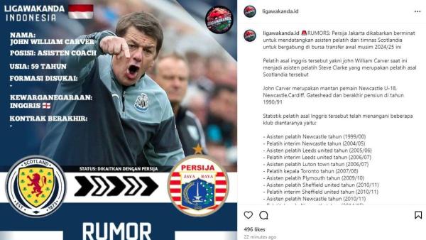 RUMOR - Sosok asisten pelatih Timnas Skotlandia, yakni John Carver tengah dikaitkan dengan Persija Jakarta jelang pagelaran Liga 1 2024. John Carver saat ini duduk di kursi kepelatihan Timnas Skotlandia yang bermain di EURO 2024 sebagai asisten pelatih.