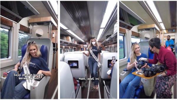 Miss Universe Swiss 2022 Alia Guindi mencoba naik KA Gajayana Luxury saat berkunjung ke Indonesia.
