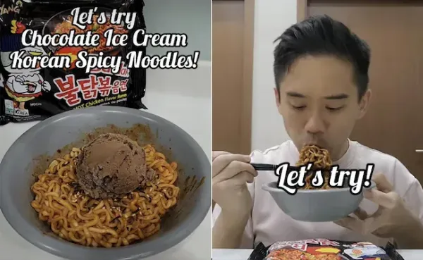 mie korea pakai topping es krim cokelat