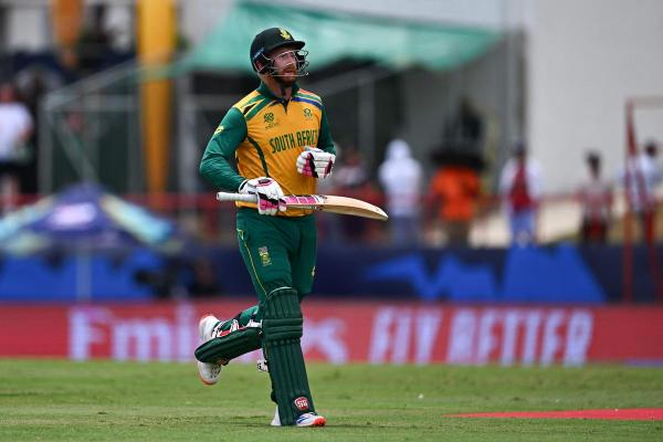 South Africa’s Heinrich Klaasen walks back to the pavilion after getting run out during the ICC men’s Twenty20 World Cup 2024 Super Eight cricket match between England and South Africa. 