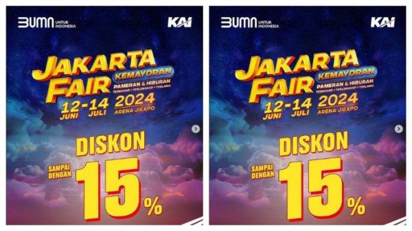 Promo KAI berupa diskon tiket hingga 15 persen di booth KAI Jakarta Fair 2024.