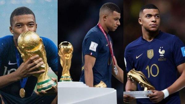 KIRI: Kylian Mbappe mencium trofi Piala Dunia 2018. TENGAH: Mbappe berjalan dengan kepala tertunduk melewati trofi Piala Dunia 2022. KANAN: Kylian Mbappe mendapatkan sepatu emas, karena berhasil menjadi top skor Piala Dunia 2022. 