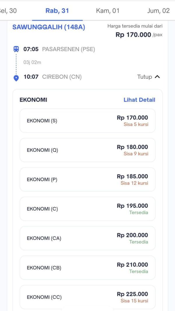 Kode huruf C, CA, CB, CC, P, Q, dan S pada kursi kereta ekonomi.