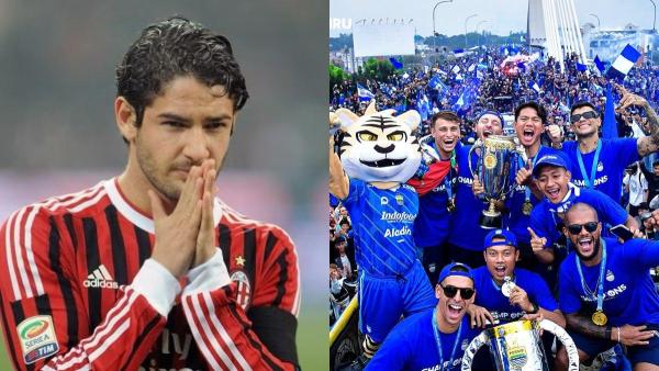 Kolase foto eks striker AC Milan asal Brasil, yakni Alexandre Pato (kiri) dan skuad Persib Bandung yang merayakan juara Liga 1 2023 (kanan). Alexandre Pato kini dikaitkan dengan Persib Bandung jelang Liga 1 2024.
