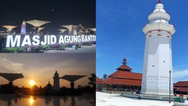 Kolase foto di Kawasan Masjid Agung Banten saat siang, sore dan lama hari. Banten Lama dengan menara Masjid Agung Banten yang simbolik, menjadi ikon wisata di Banten, bahkan menjadi ikon Provinsi Banten.