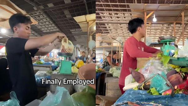 Momen Aqsa sedang berjualan sayur di Langsa, Aceh.