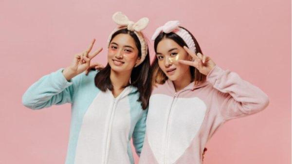 Tanned young brunette girls in soft colorful kigurumis and headbands show peace signs and pose with cosmetic eyepatches