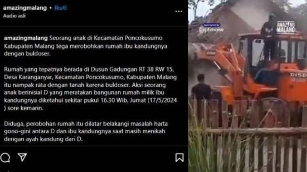 Dalam narasi video, rumah itu dirobohkan lantaran dipicu perkara warisan gana-gini karena sang anak tidak mau berbagi dengan adik tirinya.
