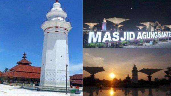 Kolase foto di Kawasan Masjid Agung Banten saat siang, sore dan lama hari. Banten Lama dengan menara Masjid Agung Banten yang simbolik, menjadi ikon wisata di Banten, bahkan menjadi ikon Provinsi Banten.