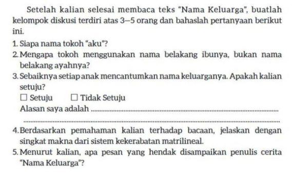 Inilah kunci jawaban Bahasa Indonesia kelas 9 SMP/MTs halaman 20 pada buku Kurikulum Merdeka, Bab 1: Demi Keluarga, Kegiatan 8a: Memahami Teks 