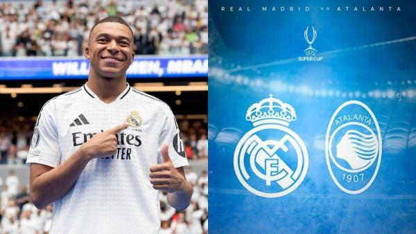 Kolase foto Kylian Mbappe (kiri) dan laga Real Madrid vs Atalanta (kanan).