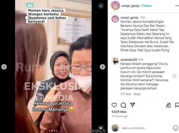 Instagram @rumpi_gosip
Jessica Kumala Wongso bertemu dengan sang ibunda usai bebas dari penjara