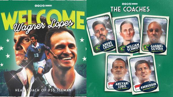 Kolase foto perkenalan pelatih baru PSS Sleman, yakni Wagner Lopes (kiri) beserta para asistennya (kanan) untuk menukangi Super Elja di Liga 1 2024, Kamis, 27 Juni 2024. Wagner Lopes merupakan pelatih asli Brasil berpaspor Jepang yang ditunjuk untuk menggantikan Risto Vidakovic di PSS Sleman pada gelaran Liga 1 2024.