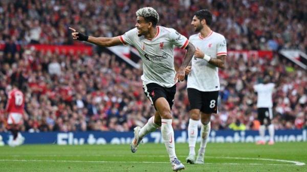 Selebrasi penyerang Liverpool, Luis Diaz saat melawan Manchester United pada pekan ketiga Liga Inggris, Minggu (1/9/2024) malam WIB.