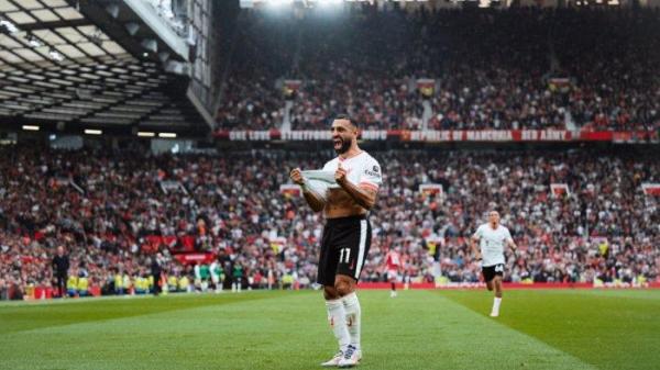 Selebrasi penyerang Liverpool, Mohamed Salah saat melawan Manchester United pada pekan ketiga Liga Inggris, Minggu (1/9/2024) malam WIB.