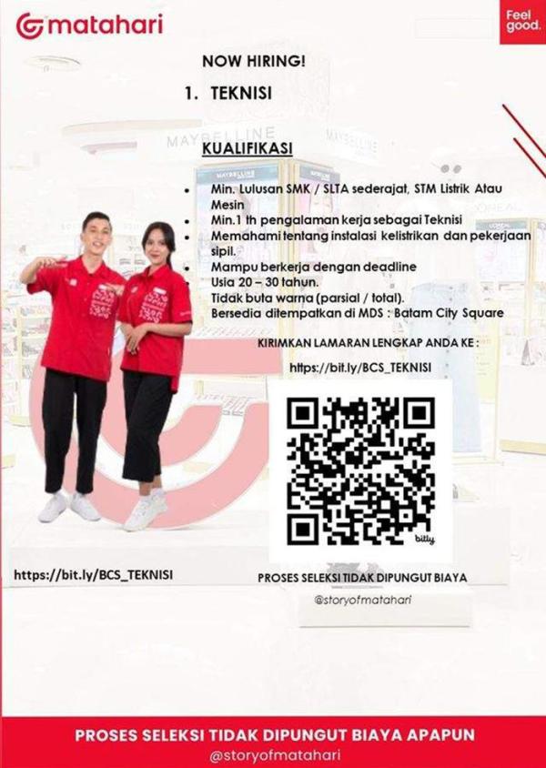 Lowongan Kerja di Matahari BCS Mall untuk posisi teknisi, Selasa (3/9/2024)