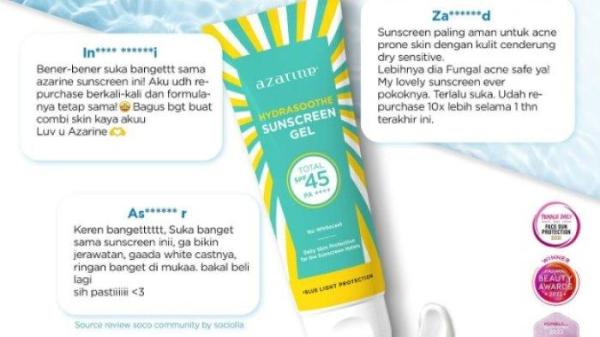 azarine Hydrasoothe Sunscreen Gel SPF45 PA++++ jadi andalan sejuta umat.