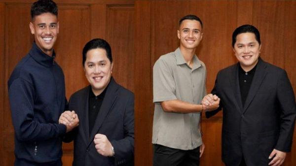 Ketua Umum PSSI, Erick Thohir bersalaman dengan Mees Hilgers dan Eliano Reijnders.