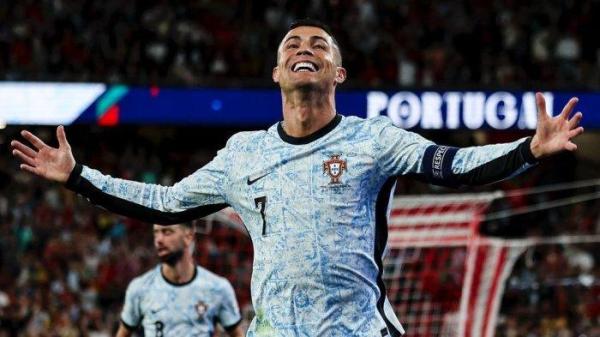 Selebrasi penyerang Portugal, Cristiano Ronaldo saat melawan Kroasia pada laga UEFA Nations League, Jumat (6/9/2024) dini hari WIB.