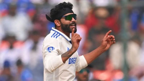 Ravindra Jadeja celebrating after taking a wicket.