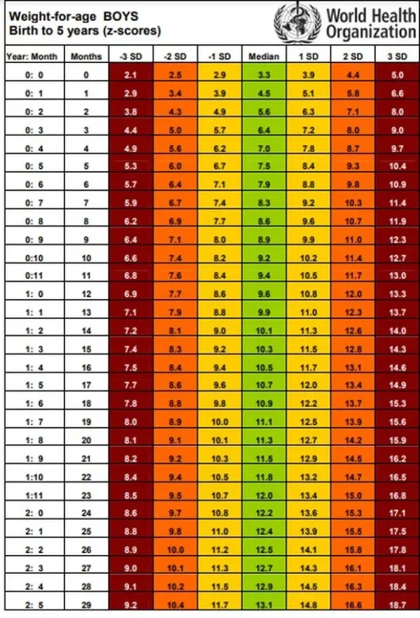 Tabel berat badan anak laki-laki.