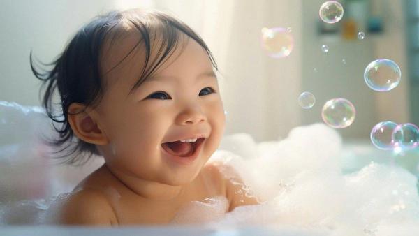 Ilustrasi si kecil dengan sabun mandi yang cocok untuk kulit sensitifnya.
