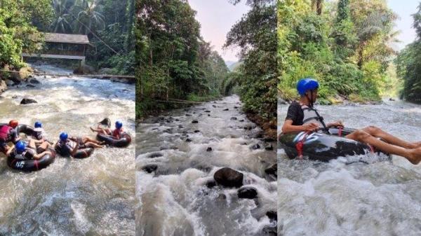 Kolase foto body rafting di aliran Sungai Cikalumpang Kampung 165 yang masih alami, jernih, dingin menyegarkan.