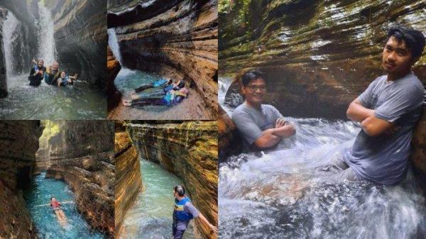 Kolase foto wisatawan saat menjelajahi Curug Putri, Carita, Pandeglang, Banten.