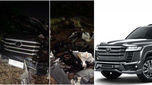 Mobil ditumpangi keluarga pemilik usaha kuliner warung Pallubasa Serigala jenis SUV merek Toyota Land Cruiser warna hitam berplat nomor B 1539 CJH ringsek usai menabrak mobil pengangkut kontainer di Tol Layang Andi Pangerang Petta Rani, Makassar, Sulsel, Rabu (25/9/2024) malam (kiri dan tengah). <div class=