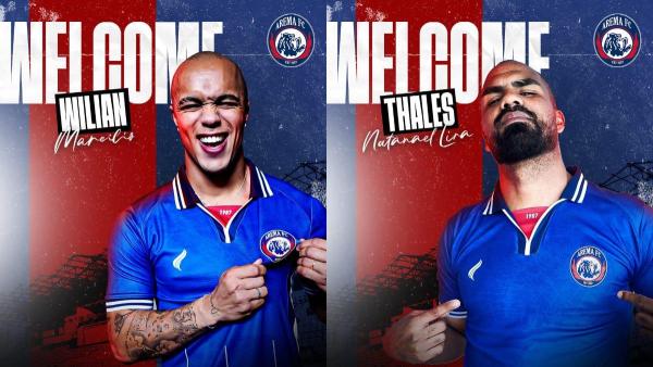 Potret flyer perkenalan dua pemain asing anyar Arema FC, Willian Marcilio (kiri) dan Thales Lira (kanan), Senin (1/7/2024).