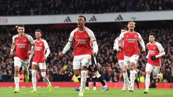 Selebrasi para pemain Arsenal saat merayakan gol ke gawang Newcastle United dalam lanjutan pekan ke-26 Liga Inggris, Minggu (25/2/2024) dinihari WIB.